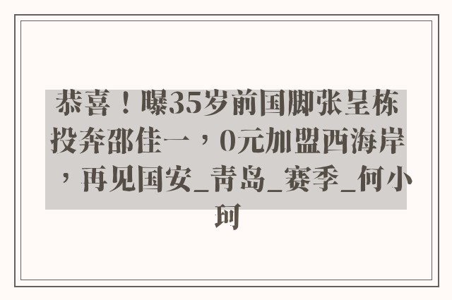 恭喜！曝35岁前国脚张呈栋投奔邵佳一，0元加盟西海岸，再见国安_青岛_赛季_何小珂